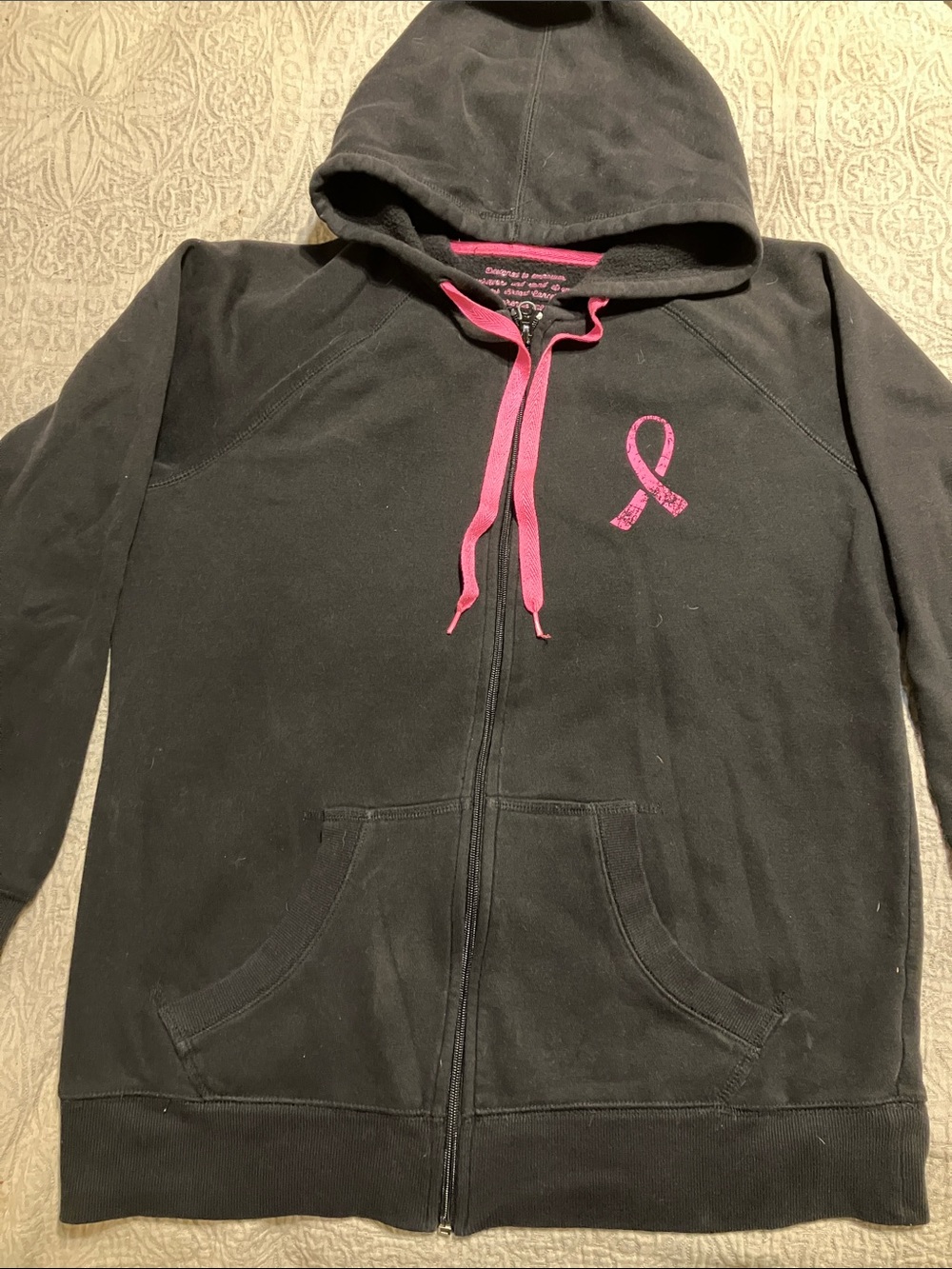 Black Zip-Up Hoodie with Pink Ribbon and Drawstrings